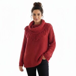 Chicos Red Cowl Neck Sweater Fringe‎ Detail Knit Women's Size 3 Long Sleeve